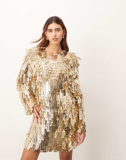 ARRANGE embellished shard sequin long sleeve mini dress in gold