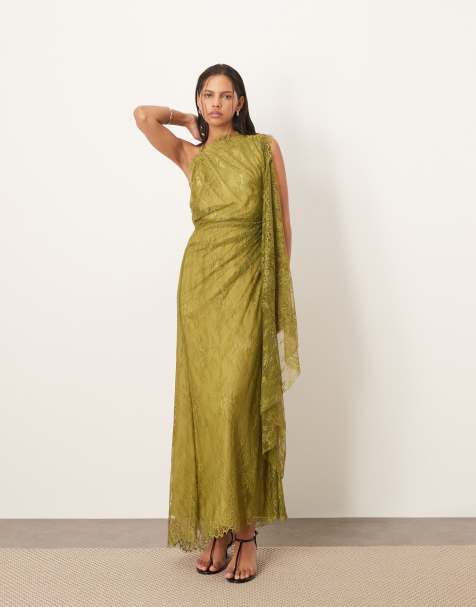 ARRANGE backless lace draped maxi dress with scallop in olive