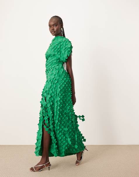ARRANGE textured laser cut midi dress with split in green