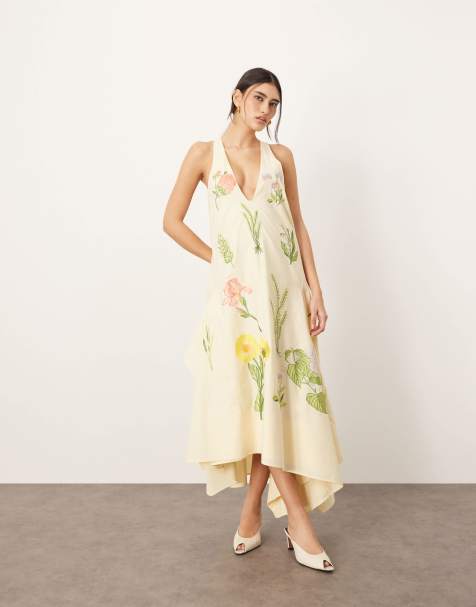 ARRANGE cotton floral embroidered plunge midi dress in buttermilk