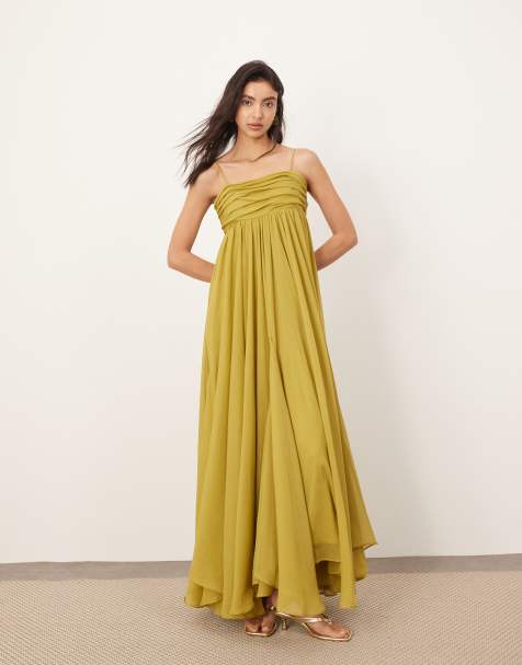 ARRANGE super full trapeze cami godet maxi dress in chartreuse
