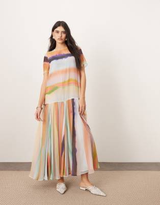 ARRANGEMENT - Langes T-Shirt-Kleid aus transparentem Chiffon mit verschwommenem Streifenmuster und tiefer Taille-Bunt