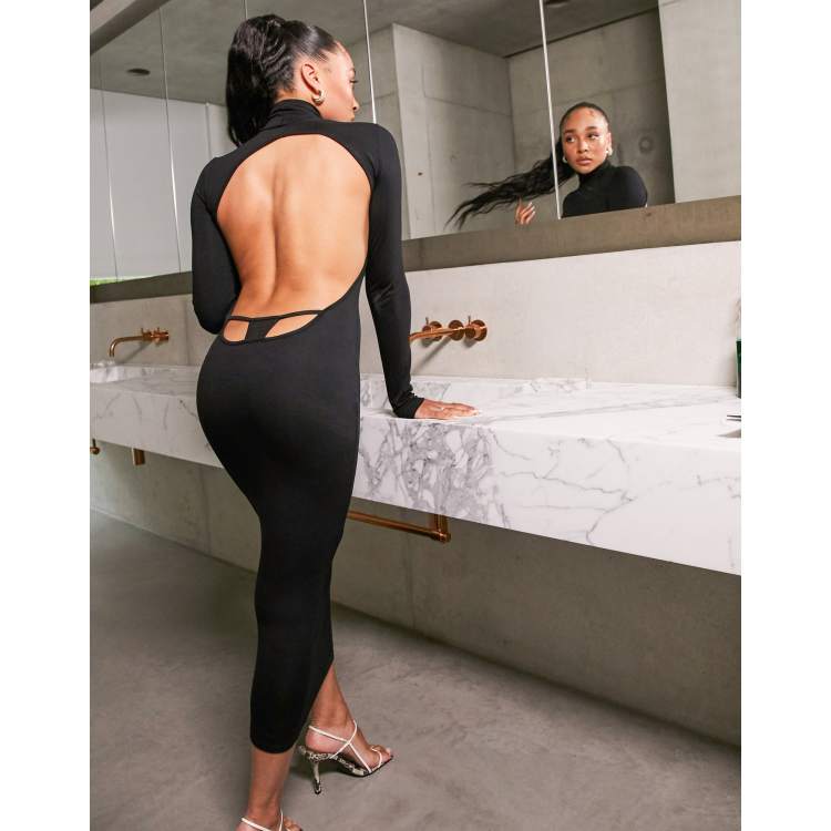 AS YOU high neck slinky thong back midi dress in black | ASOS