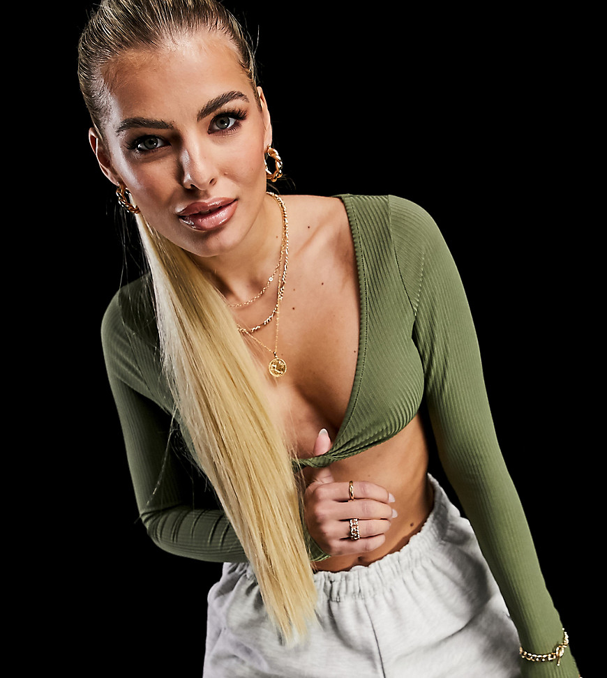 AS YOU rib crop top with twist front in khaki-Green