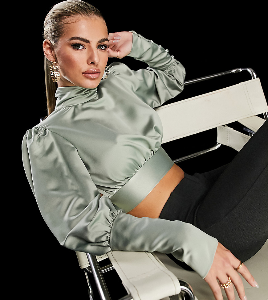AS YOU satin tie back top in light olive-Neutral