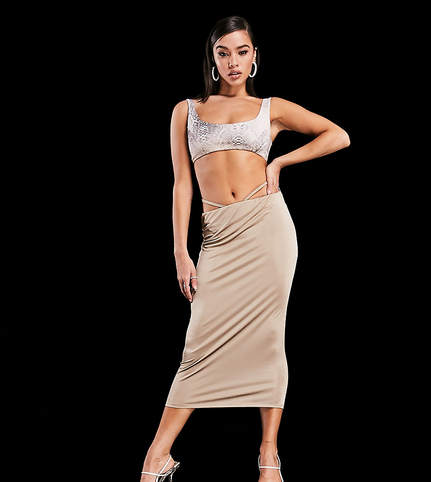 AS YOU semi sheer midi skirt with strap detail in mink-Pink
