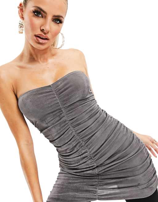 AS YOU slinky ruched bandeau bodycon dress in blue ASOS