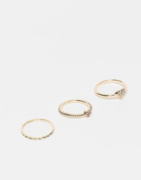 AS0S DESIGN pack of 3 rings with pink sparkly crystal heart design in gold tone - view 1
