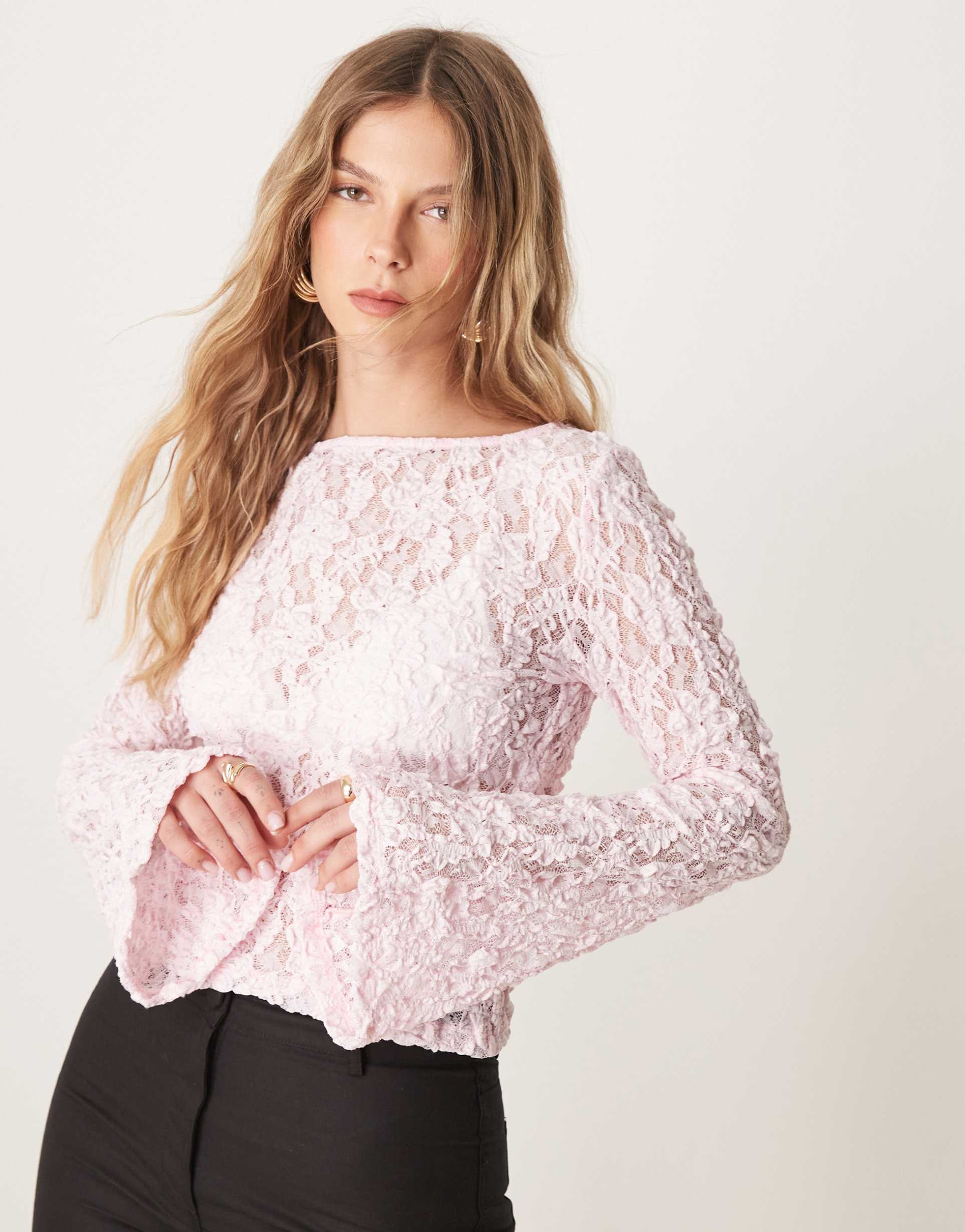 as0s design slash neck sheer lace angel sleeve top in pink