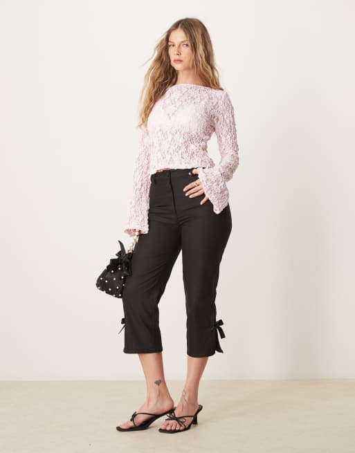 AS0S DESIGN slash neck sheer lace angel sleeve top in pink