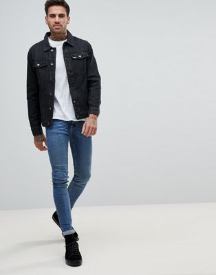 black denim jacket with blue denim jeans