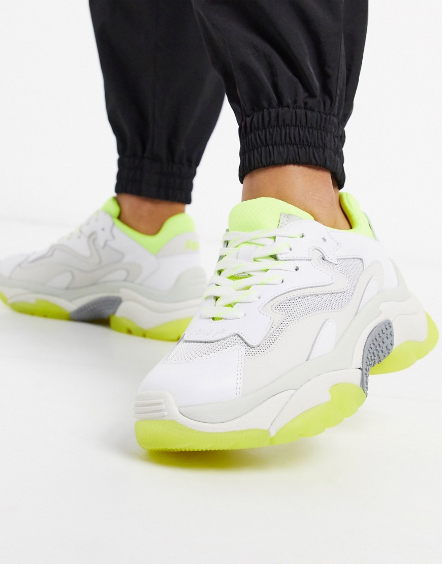 ASH Addict leather chunky sole trainers in white with fluo yellow