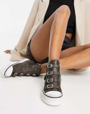 buckle high top sneakers in dark taupe-Brown