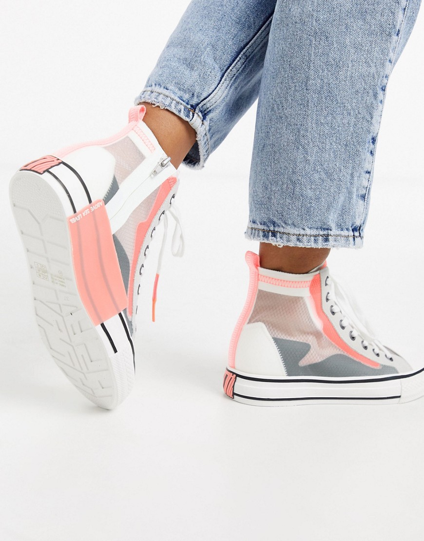Ash - Gasper - Sneakers alte in tessuto antistrappo grigio e corallo-Multicolore