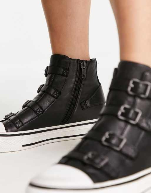 Ash high top buckle sneakers in black and pewter