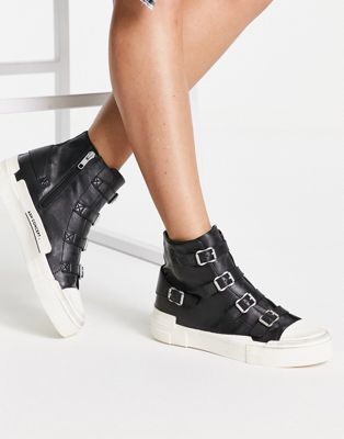 Ash high top buckle trainer in black and off white