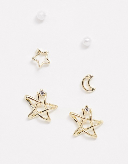 Ashiana 3 Pack Moon Star and Pearl Earrings