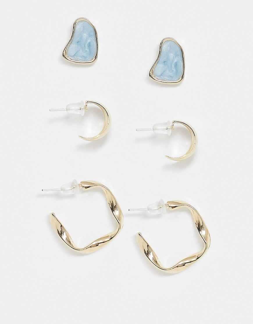 Ashiana – Blå och guldfärgade örhängen i 3-pack med smyckessten