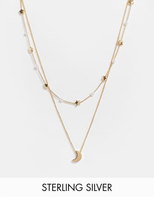 Ashiana - Collier multi-rangs avec lune, étoiles et perles nacrées - Doré