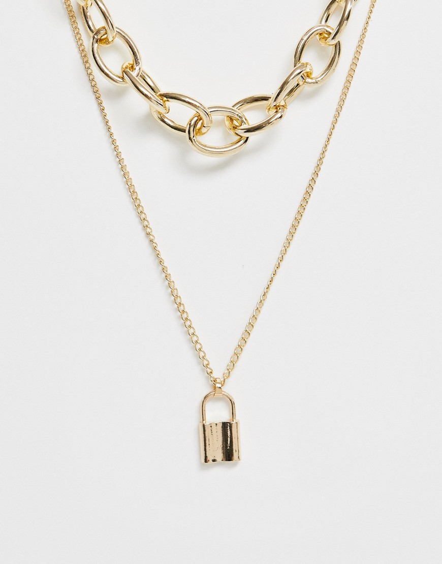 Ashiana - Gelaagde halsketting met ketting en hangslot in goud
