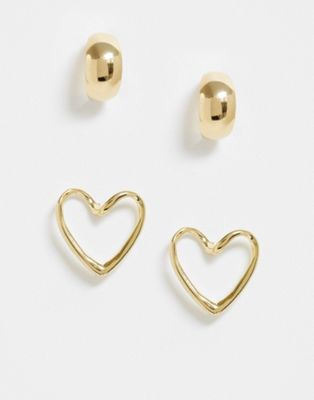 Ashiana – Guldfärgade örhängen i 2-pack med hjärta och ringar