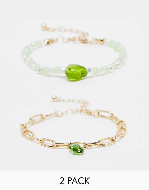 Ashiana - Lot de bracelets chaîne et perles avec détails en verre vert