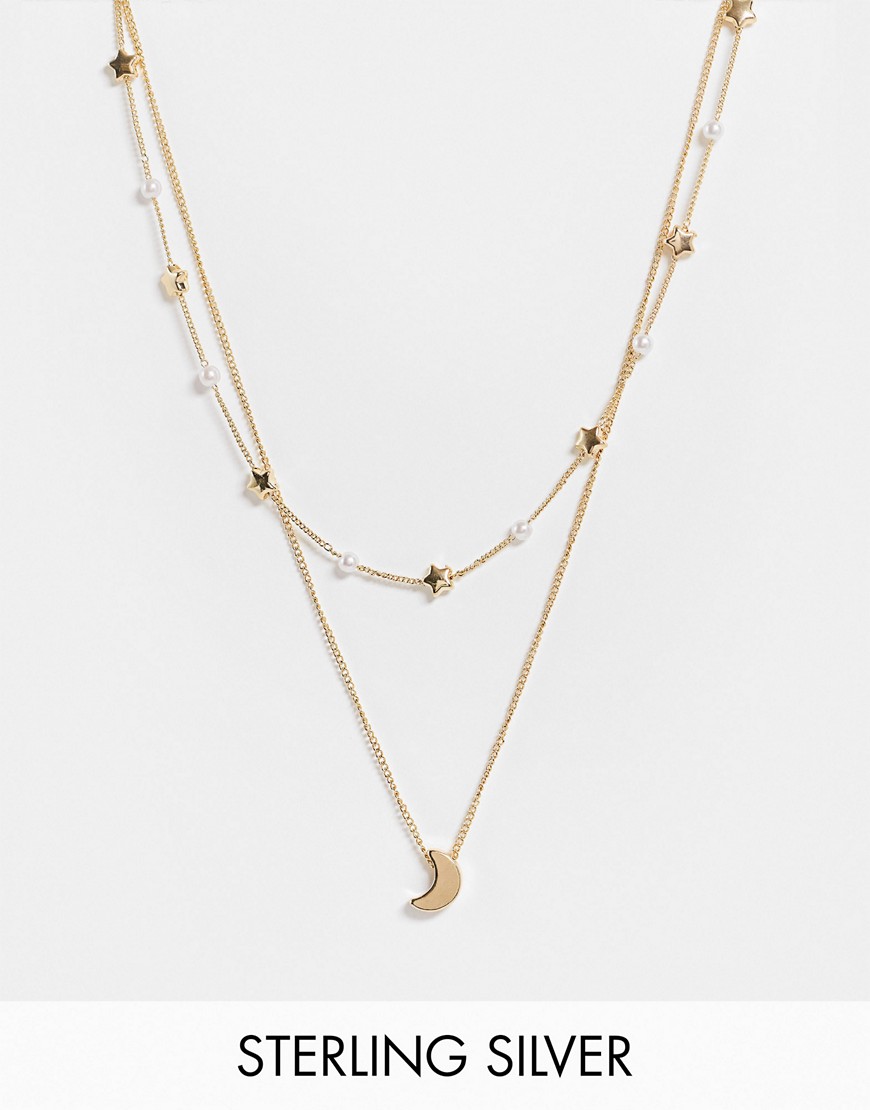Ashiana moon and star layered necklace in gold with pearl details