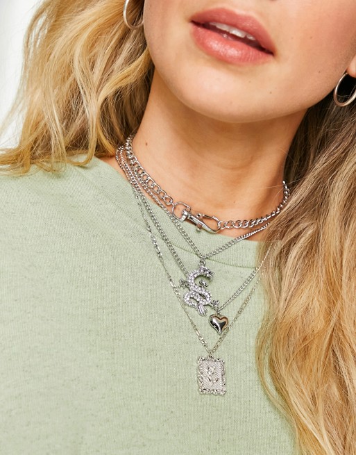 Ashiana multi row silver snake and pendant necklace
