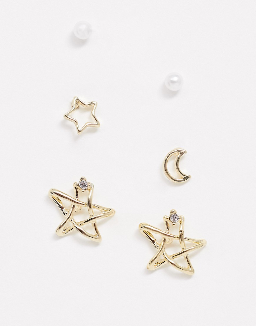 Ashiana – Örhängen i 3-pack med måne, stjärna och pärla-Guld