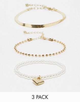 Ashiana pack of 3 gold and pearl bracelets with gold charm