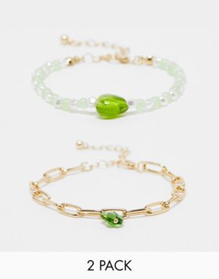 Ashiana pack of chain and pearl bracelet with green glass details.