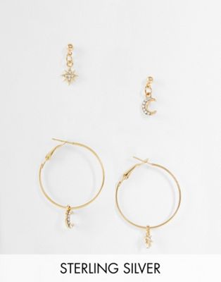 Ashiana pack of earrings with moon and star details in gold