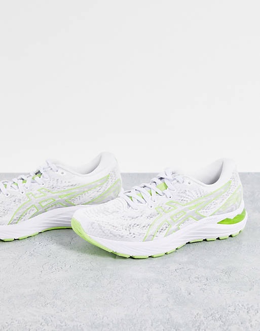 Asics Gel-Cumulus 23 running trainers in white and lime green | ASOS