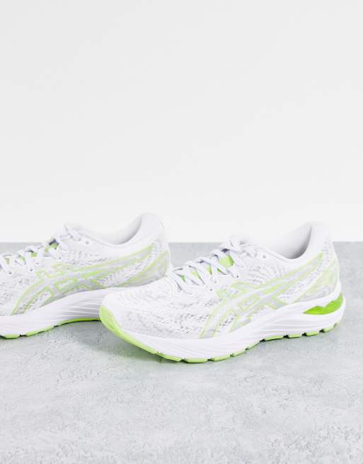 Asics Gel Cumulus 23 running trainers in white and lime green