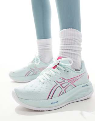 Asics Gel-Cumulus 26 neutral running trainers in light blue and pink