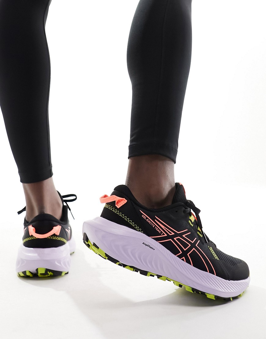 Asics Gel-Excite Trail 2 running trainers in black and sun coral