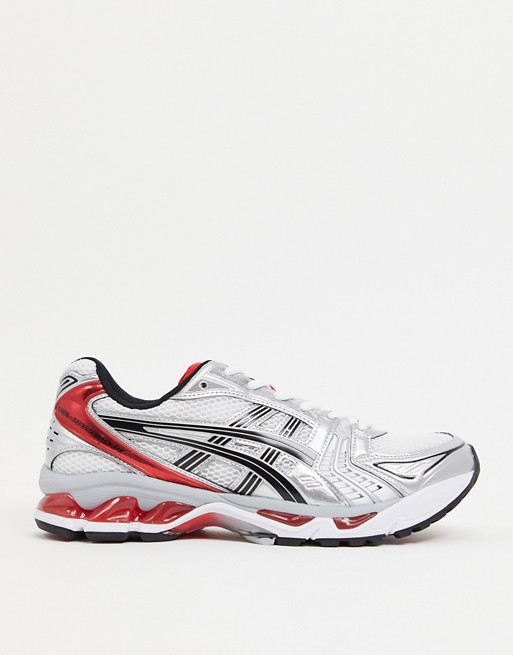 Asics Gel Kayano 14 trainers in silver and red