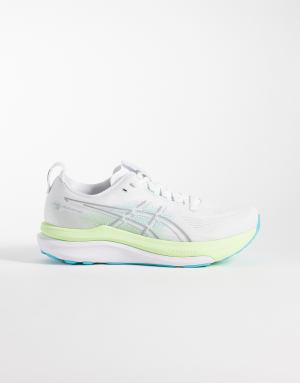 Asics Gel-Kayano 33 running trainers in white and aqua blue