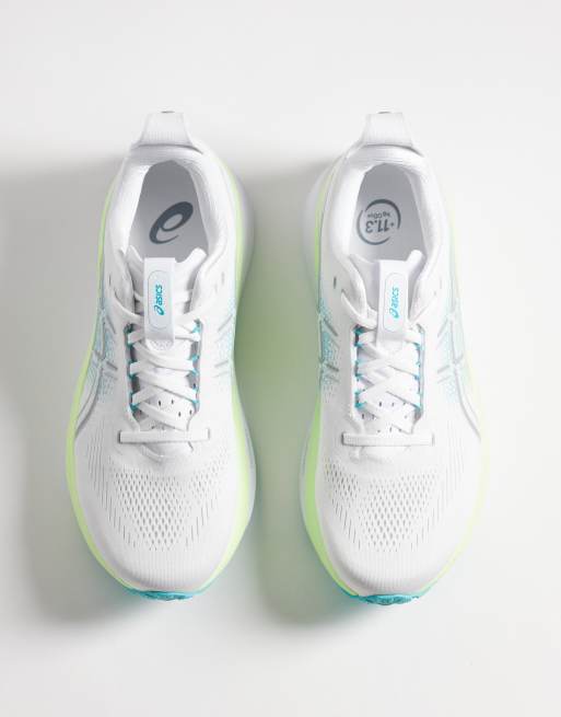 Asics Gel-Kayano 33 running trainers in white and aqua blue, 2 of 5