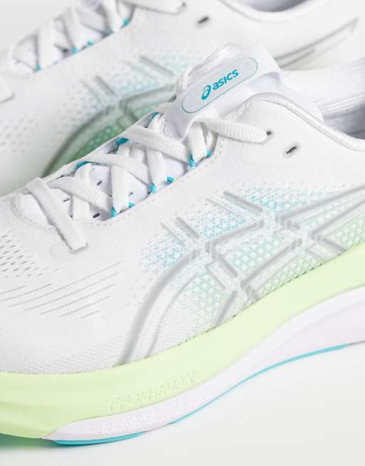 Asics Gel-Kayano 33 running trainers in white and aqua blue, 4 of 5