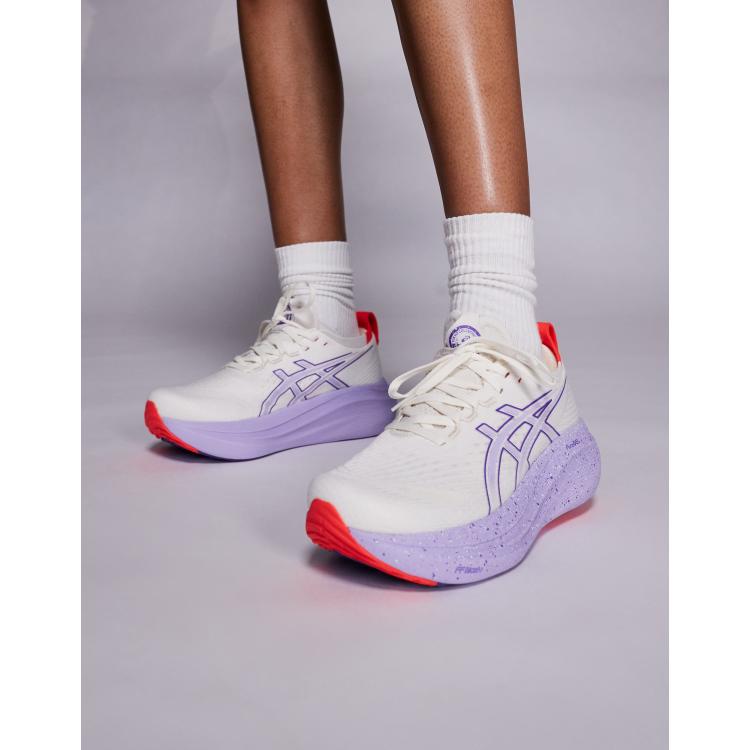 Asics Gel-Nimbus 27 Tokyo running trainers in off white and purple