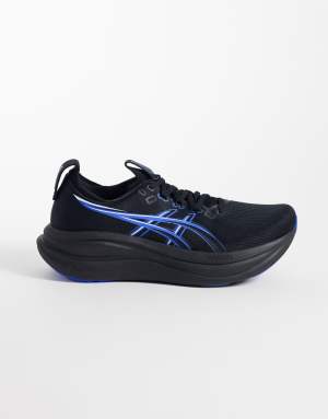 Asics Gel-Nimbus 28 running trainers in black and neon blue
