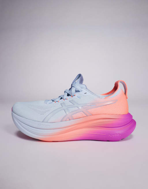 Asics Gel-Nimbus 28 Sunny Sizzle running trainers in sky blue and peach, 2 of 5