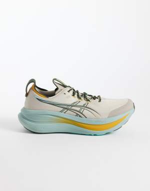 Asics Gel-Nimbus 28 trail running trainers in stone and blue
