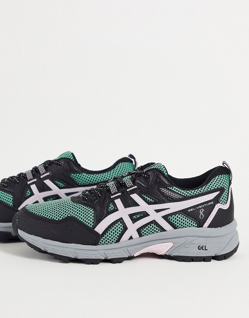 asics gel-venture 8 trail trainers in black and sage green-multi