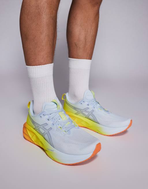 Asics Novablast 5 Sunny Sizzle trainers in sky blue and lemon yellow, 3 of 5