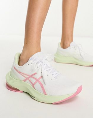 Asics Running Gel-Pulse 14 trainers with pink logo in white