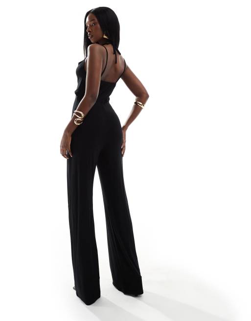ASO DESIGN strappy cut out halter jumpsuit in black, 3 of 4