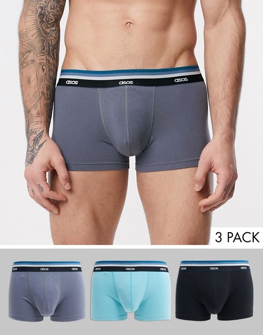 ASOS DESIGN 3 pack trunks in blue tones and tonal branded waistband save