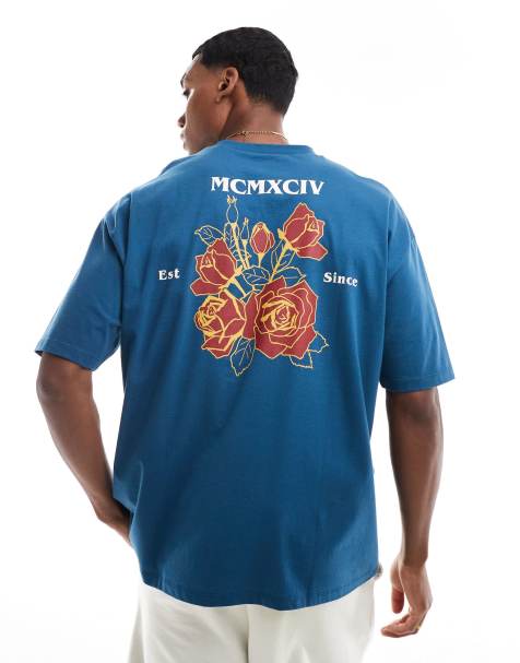 ASOD DESIGN oversized t-shirt with floral back print in blue - view 1